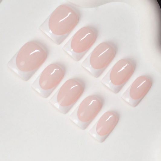 Nailuvia 10pcs Nude Pink French Press On Nails | Classic White Tip Glossy Reusable Acrylic Nails
