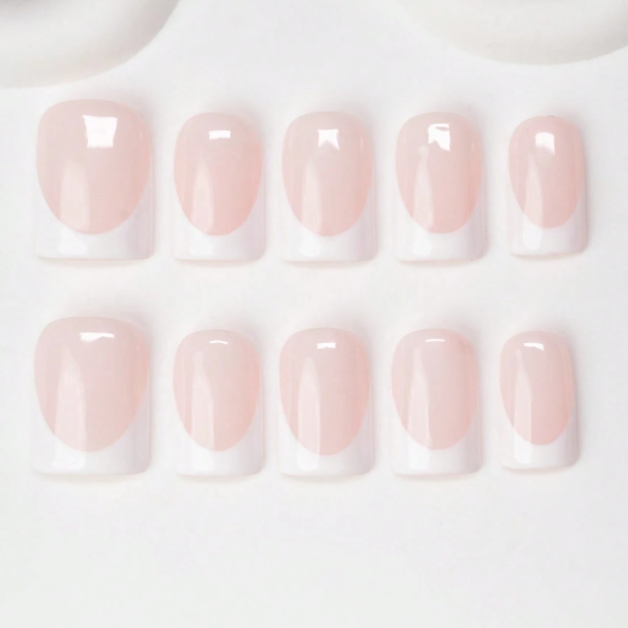 Nailuvia 10pcs Nude Pink French Press On Nails | Classic White Tip Glossy Reusable Acrylic Nails