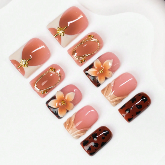 Nailuvia 10pcs Blush Pink Press On Nails | Brown Leopard Print 3D Floral & Gold Metal Wire Reusable Acrylic Nails