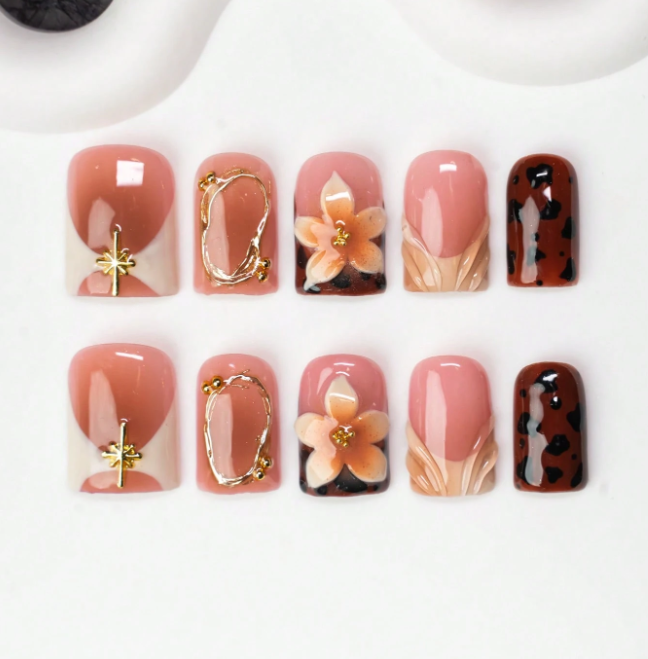 Nailuvia 10pcs Blush Pink Press On Nails | Brown Leopard Print 3D Floral & Gold Metal Wire Reusable Acrylic Nails