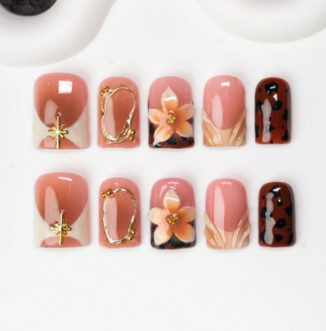 Nailuvia 10pcs Blush Pink Press On Nails | Brown Leopard Print 3D Floral & Gold Metal Wire Reusable Acrylic Nails