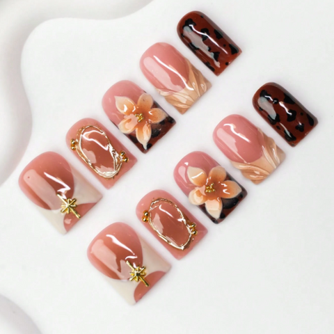 Nailuvia 10pcs Blush Pink Press On Nails | Brown Leopard Print 3D Floral & Gold Metal Wire Reusable Acrylic Nails