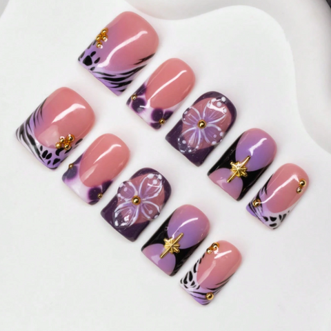 Nailuvia 10pcs Blush Pink Press On Nails | Dark Purple Marble Floral & Gold Star Charm Reusable Acrylic Nails