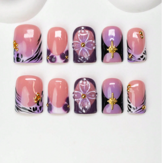 Nailuvia 10pcs Blush Pink Press On Nails | Dark Purple Marble Floral & Gold Star Charm Reusable Acrylic Nails