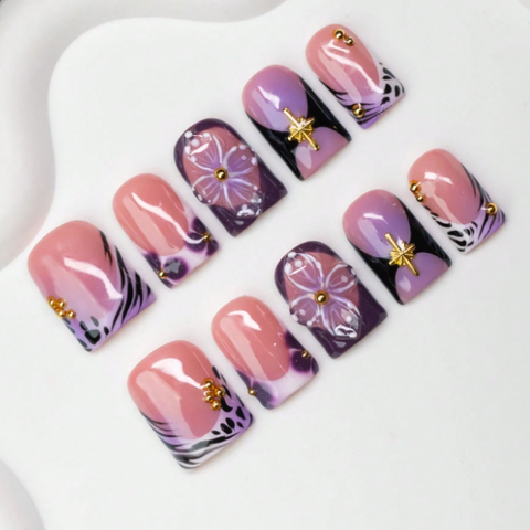 Nailuvia 10pcs Blush Pink Press On Nails | Dark Purple Marble Floral & Gold Star Charm Reusable Acrylic Nails