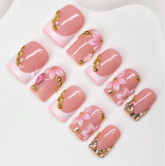 Nailuvia 10pcs Blush Pink Press On Nails | 3D Floral Gold Bead & Rhinestone White French Tip Reusable Acrylic Nails