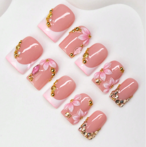 Nailuvia 10pcs Blush Pink Press On Nails | 3D Floral Gold Bead & Rhinestone White French Tip Reusable Acrylic Nails