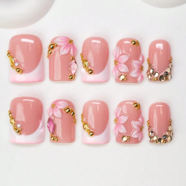 Nailuvia 10pcs Blush Pink Press On Nails | 3D Floral Gold Bead & Rhinestone White French Tip Reusable Acrylic Nails