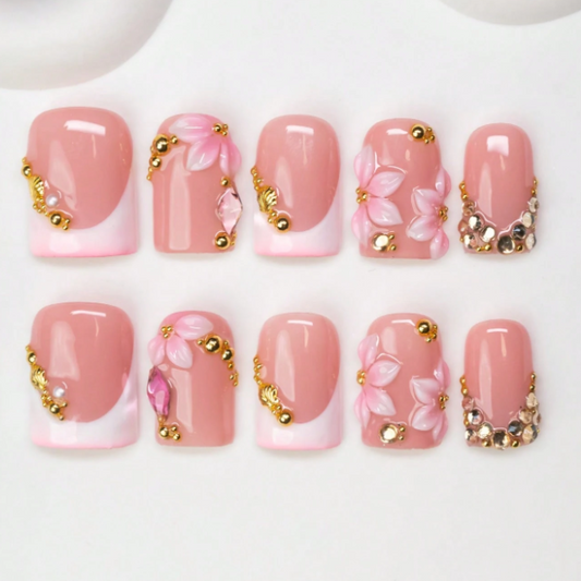 Nailuvia 10pcs Blush Pink Press On Nails | 3D Floral Gold Bead & Rhinestone White French Tip Reusable Acrylic Nails