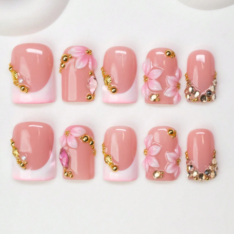 Nailuvia 10pcs Blush Pink Press On Nails | 3D Floral Gold Bead & Rhinestone White French Tip Reusable Acrylic Nails