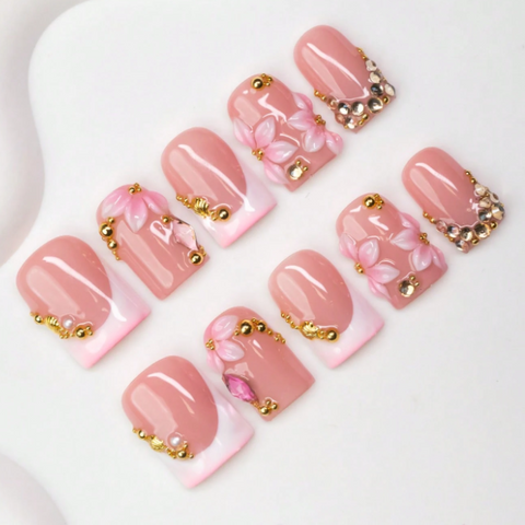 Nailuvia 10pcs Blush Pink Press On Nails | 3D Floral Gold Bead & Rhinestone White French Tip Reusable Acrylic Nails