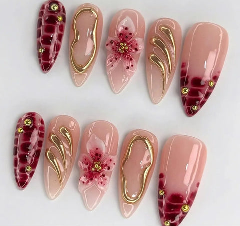 Nailuvia-AL039 Almond "Burgundy Bloom" Press-On Nails