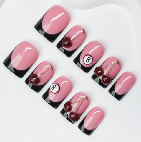 Nailuvia 10pcs Pink Black French Press On Nails | Cherry & 8-Ball Embellished Reusable Acrylic Nails