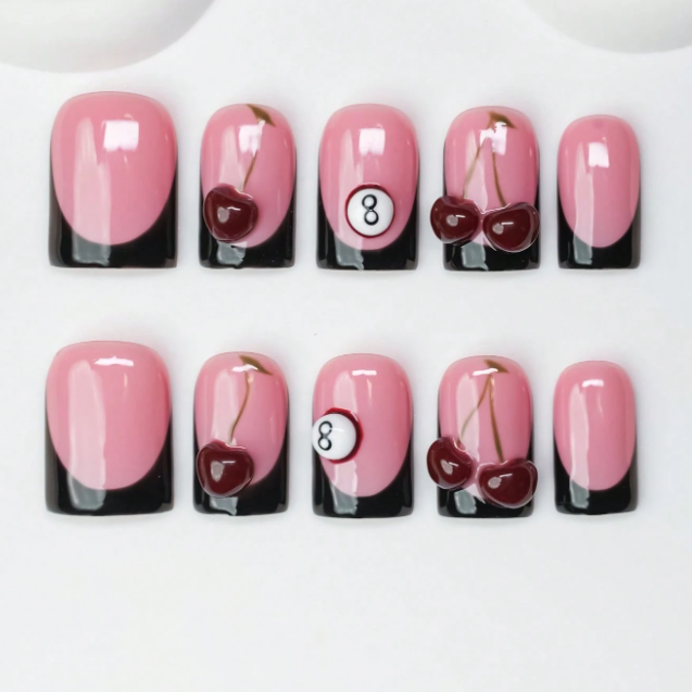 Nailuvia 10pcs Pink Black French Press On Nails | Cherry & 8-Ball Embellished Reusable Acrylic Nails