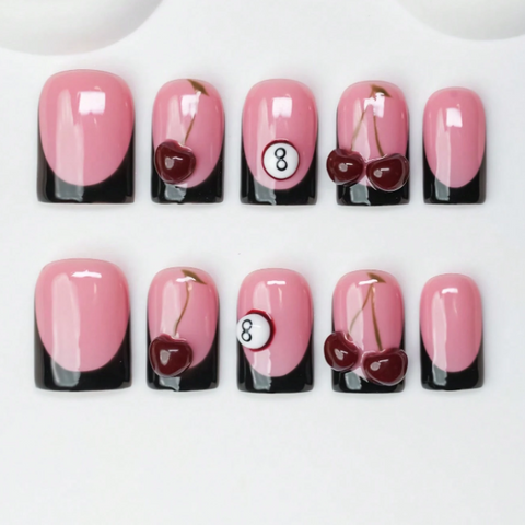 Nailuvia 10pcs Pink Black French Press On Nails | Cherry & 8-Ball Embellished Reusable Acrylic Nails