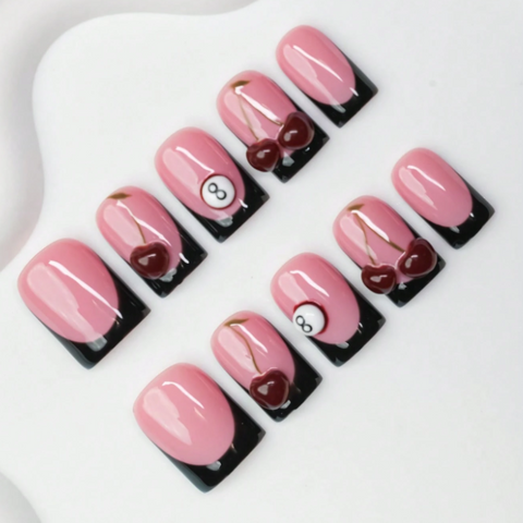 Nailuvia 10pcs Pink Black French Press On Nails | Cherry & 8-Ball Embellished Reusable Acrylic Nails