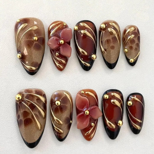 Nailuvia-AL035 Almond "Tortoiseshell Bloom" Press-On Nails