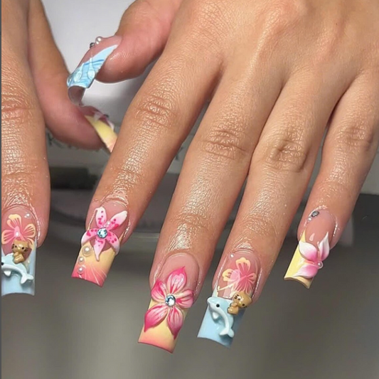Nailuvia 10pcs Long Square Press On Nails | Tropical Hibiscus Floral 3D Charm Yellow Pink Gradient Reusable Acrylic Nails