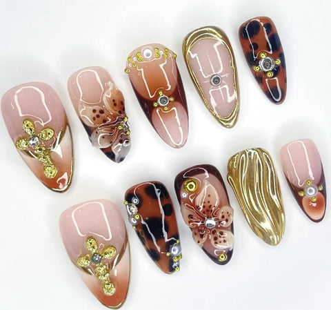 Nailuvia-AL018 Almond "Tortoiseshell Opulence" Press-On Nails