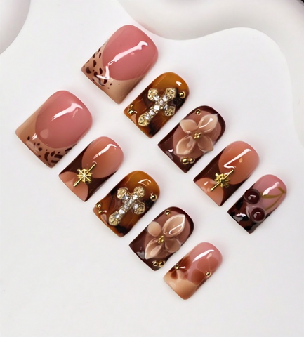 10pcs Handmade Acrylic Press-On Nails | Tortoiseshell & Nude Pink with Cross & Floral Accents | Reusable, Work-Friendly ST004