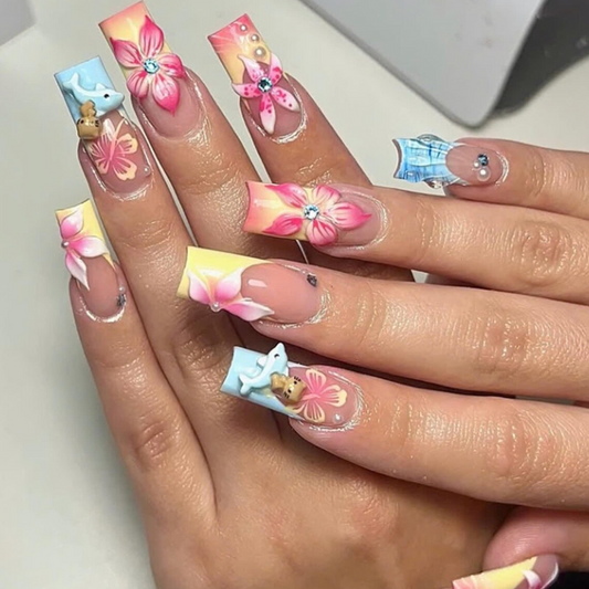 Nailuvia 10pcs Long Square Press On Nails | Tropical Hibiscus Floral 3D Charm Yellow Pink Gradient Reusable Acrylic Nails