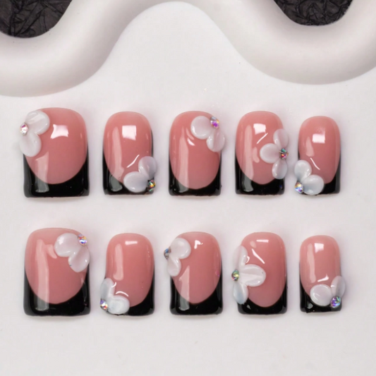 Nailuvia 10pcs Pink Black French Press On Nails | 3D Flower & Rhinestone Embellished Reusable Acrylic Nails