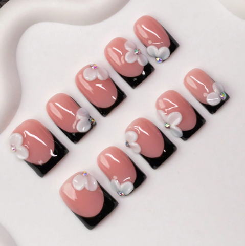 Nailuvia 10pcs Pink Black French Press On Nails | 3D Flower & Rhinestone Embellished Reusable Acrylic Nails