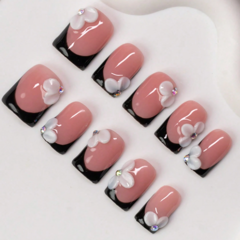 Nailuvia 10pcs Pink Black French Press On Nails | 3D Flower & Rhinestone Embellished Reusable Acrylic Nails