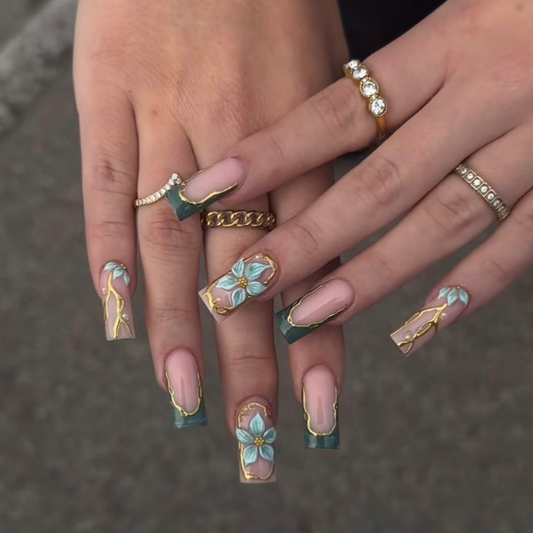Nailuvia 10pcs Long Coffin Press On Nails | Teal Floral Gold Line & Green French Tip Reusable Acrylic Nails