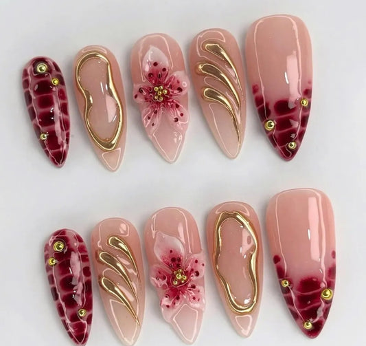 Nailuvia-AL039 Almond "Burgundy Bloom" Press-On Nails