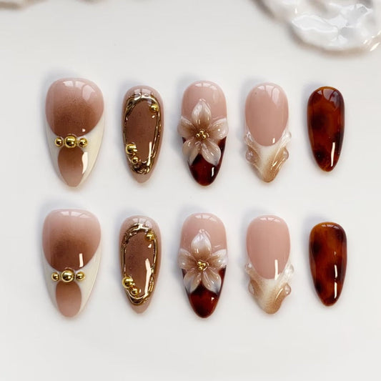 Nailuvia-AL012 Almond "Toffee Blossom" Press-On Nails