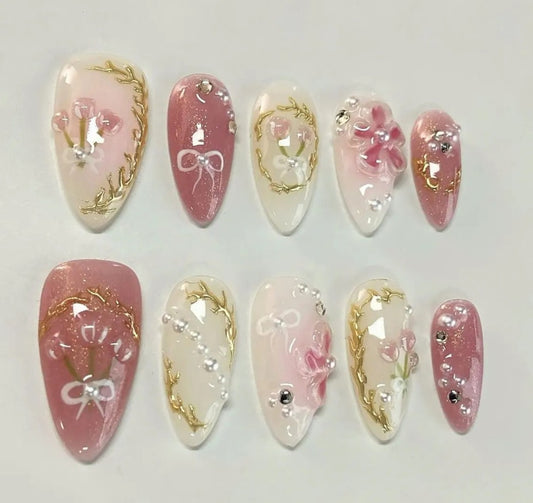 Nailuvia-AL037 Almond "Blossom Bow" Press-On Nails