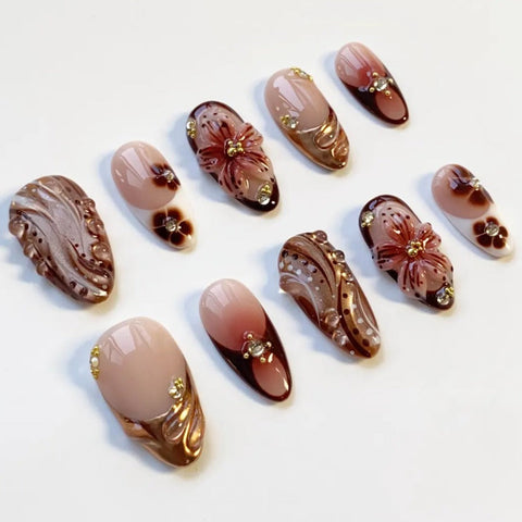 Nailuvia-AL034 Almond "Mocha Blossom" Press-On Nails