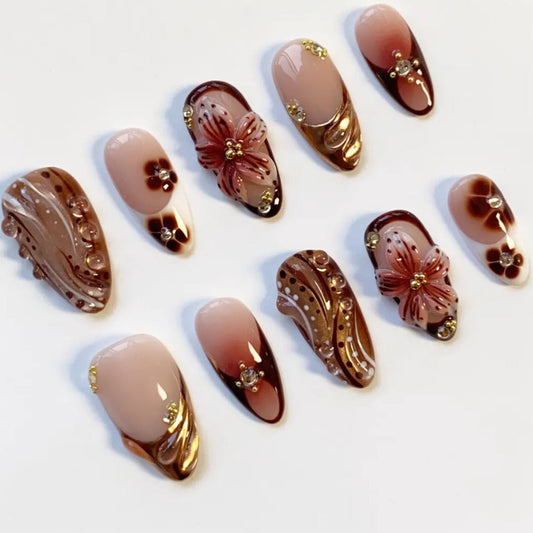 Nailuvia-AL034 Almond "Mocha Blossom" Press-On Nails