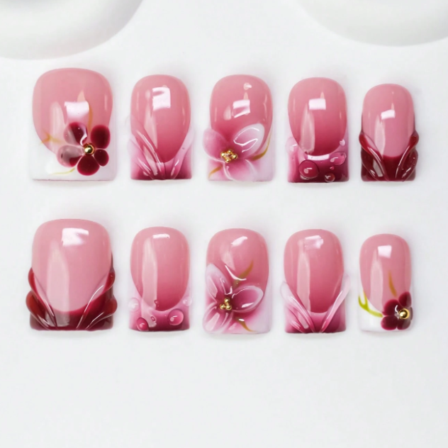 Nailuvia 10pcs Pink Floral Swirl Press On Nails | Burgundy Gradient Reusable Acrylic Nails