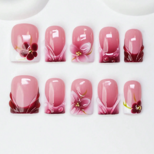 Nailuvia 10pcs Pink Floral Swirl Press On Nails | Burgundy Gradient Reusable Acrylic Nails