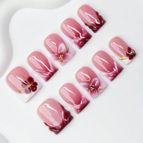 Nailuvia 10pcs Pink Floral Swirl Press On Nails | Burgundy Gradient Reusable Acrylic Nails