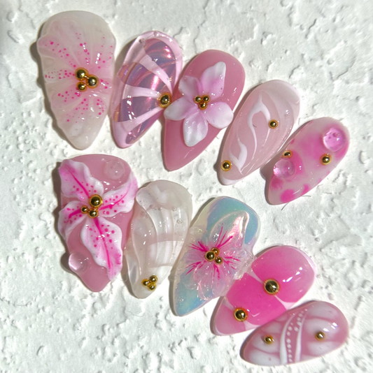 Nailuvia 10pcs Almond Press On Nails | Pink Ombre 3D Floral Iridescent Shell & Gold Stud Reusable Acrylic Nails
