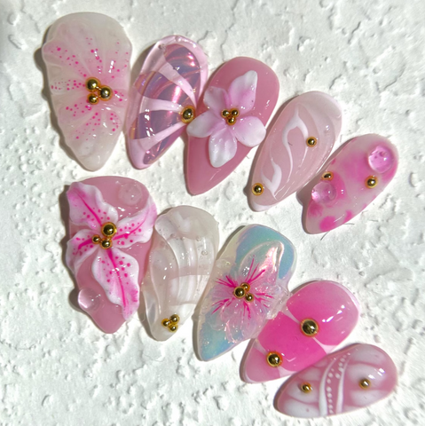 Nailuvia 10pcs Almond Press On Nails | Pink Ombre 3D Floral Iridescent Shell & Gold Stud Reusable Acrylic Nails
