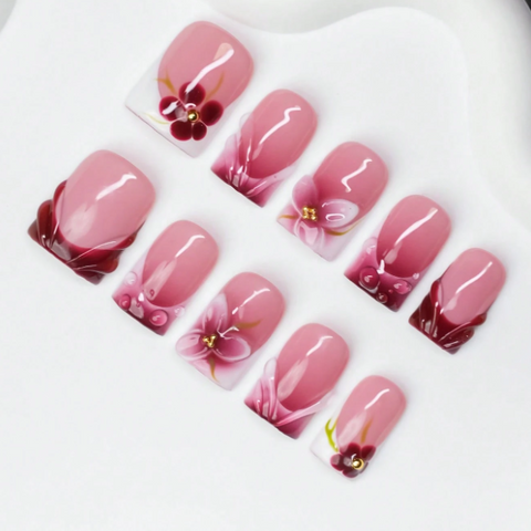 Nailuvia 10pcs Pink Floral Swirl Press On Nails | Burgundy Gradient Reusable Acrylic Nails
