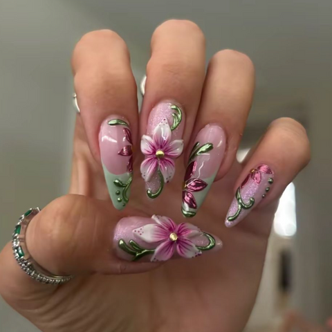 Nailuvia 10pcs Stiletto Press On Nails | Pink 3D Floral Green Vine & Glitter Gradient Reusable Acrylic Nails