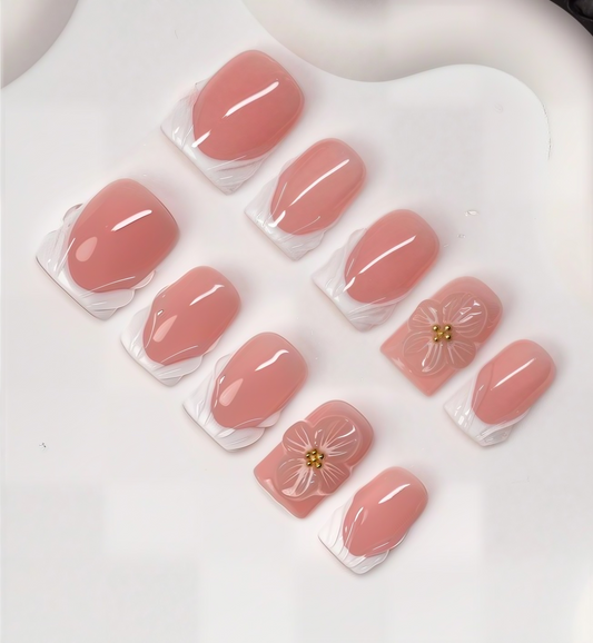 10Pcs Handmade Acrylic Press-On Nails | Nude Pink with 3D Floral Accents | Reusable, Durable Work-Friendly Manicure Set ST002