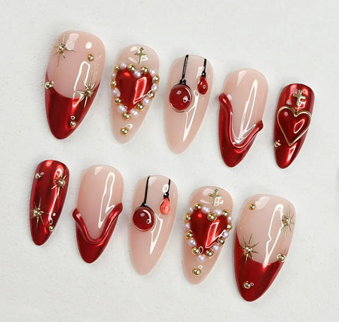 Nailuvia-AL022 Almond "Ruby Romance" Press-On Nails