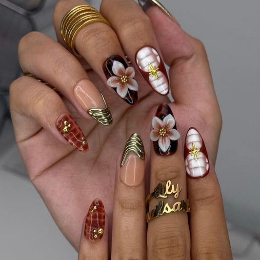 Nailuvia-AL014 Almond "Tortoiseshell Blossom" Press-On Nails