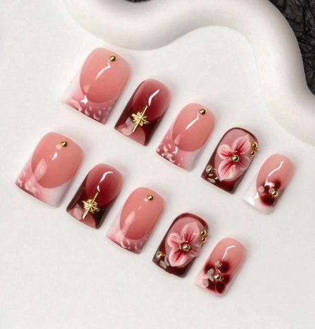 10pcs Handmade Acrylic Press-On Nails | Burgundy & Nude Pink with 3D Floral & Gold Accents | Reusable, Work-Friendly ST003