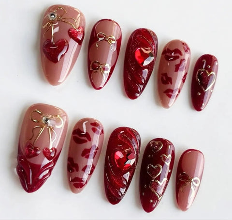 Nailuvia-AL040 Almond "Ruby Romance" Press-On Nails