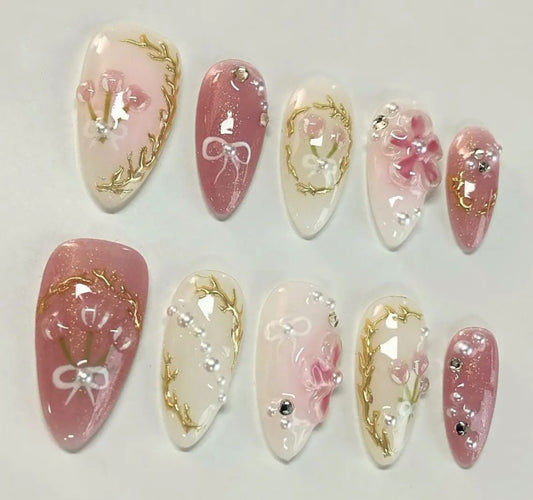 Nailuvia-AL037 Almond "Blossom Bow" Press-On Nails