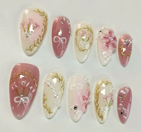 Nailuvia-AL037 Almond "Blossom Bow" Press-On Nails