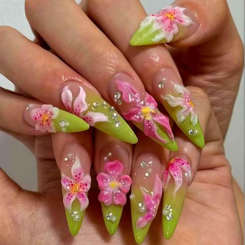 Nailuvia 10pcs Stiletto Press On Nails | Neon Green Pink 3D Floral Rhinestone Reusable Acrylic Nails