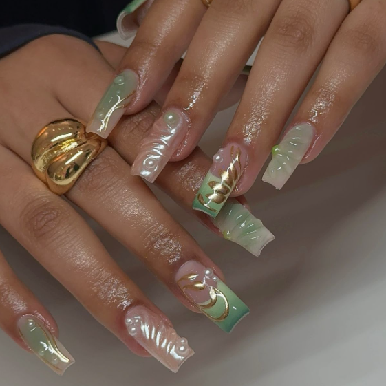 Nailuvia 10pcs Mermaid Green Gradient Nails | Pearl Wave Texture Reusable Acrylic False Nails